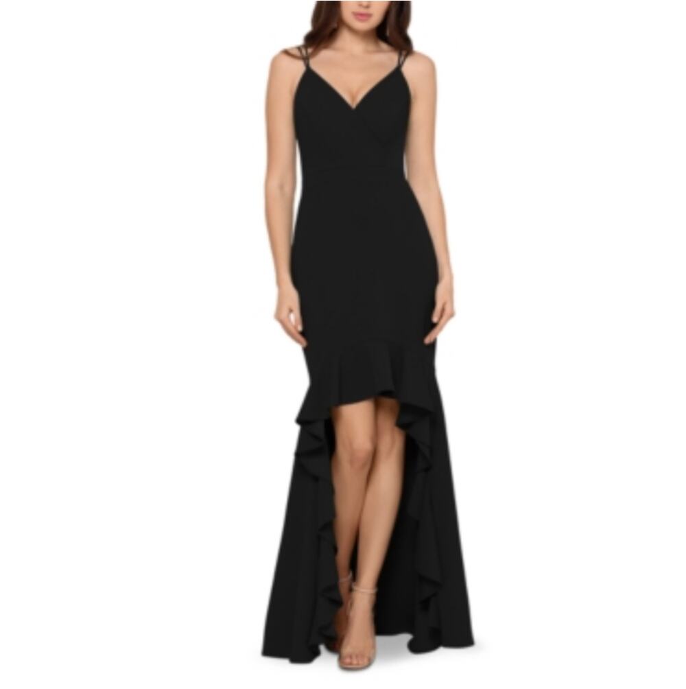 XSCAPE Black Evening Gown Ruffled High Low Sleeveless Sheath Dress Size 8